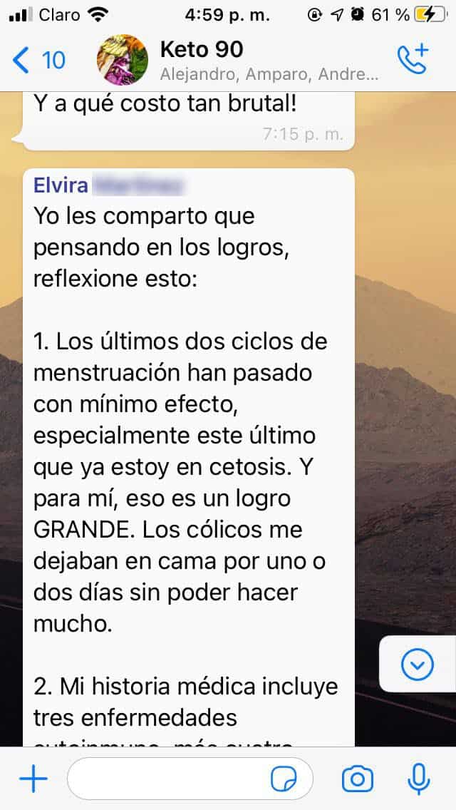 Copia de pantalla del testimonio de Elvira por WhatsApp